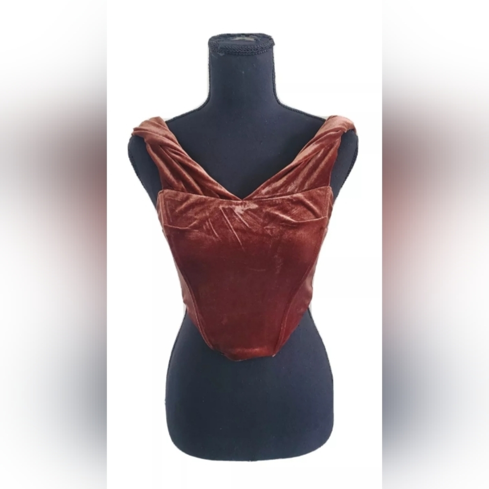 Tic Toc Off The Shoulder Velvet Cropped Corset Top Brown Womens Size Small